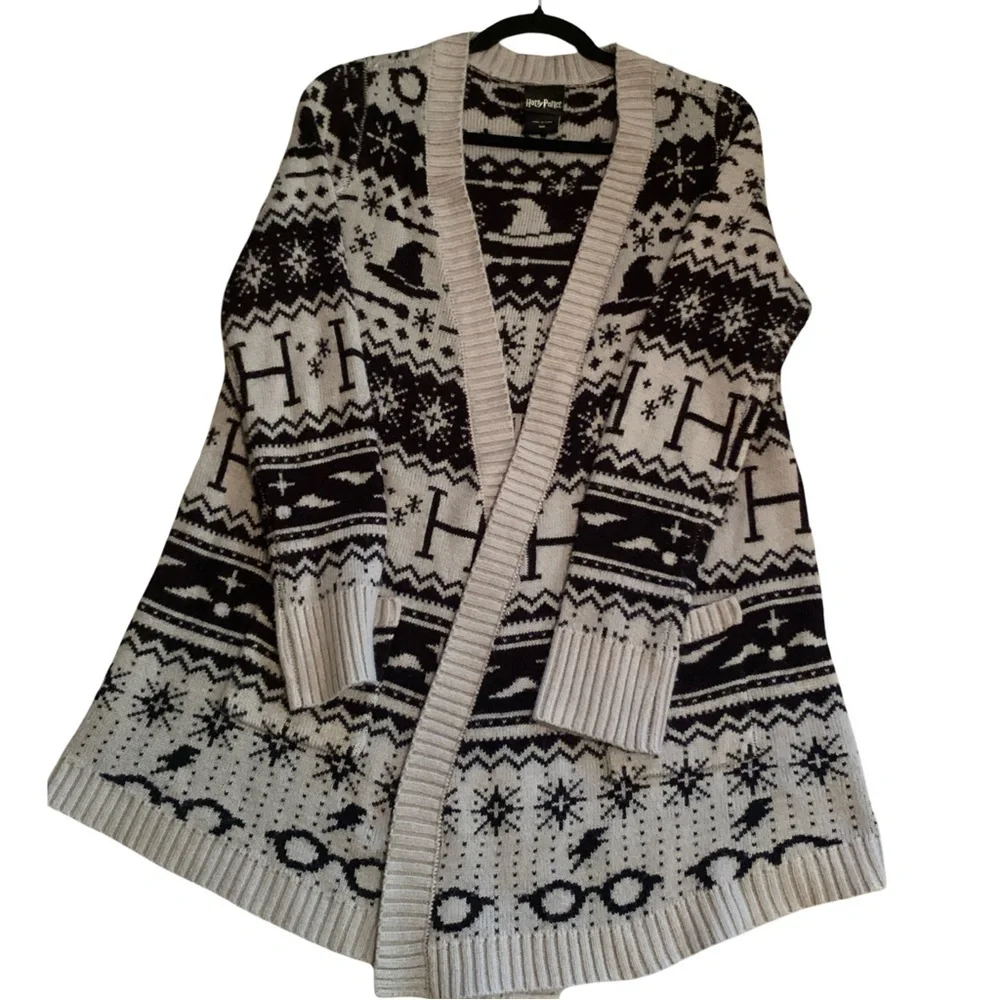 Hot Topic Harry Potter Fair Isle Gray Black Open Cardigan Medium - Picture 2 of 8